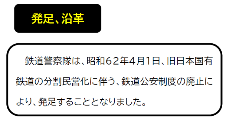 発足・沿革について。鉄道警察隊は、昭和６２年４月１日、旧日本国有鉄道の分割民営化に伴う、鉄道公安制度の廃止により、発足することとなりました。