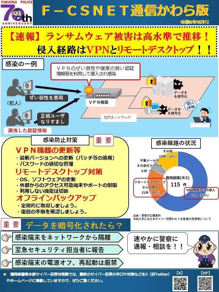 エフシスネット通信かわら版　令和6年9月号　ランサムウェア被害高水準で推移！