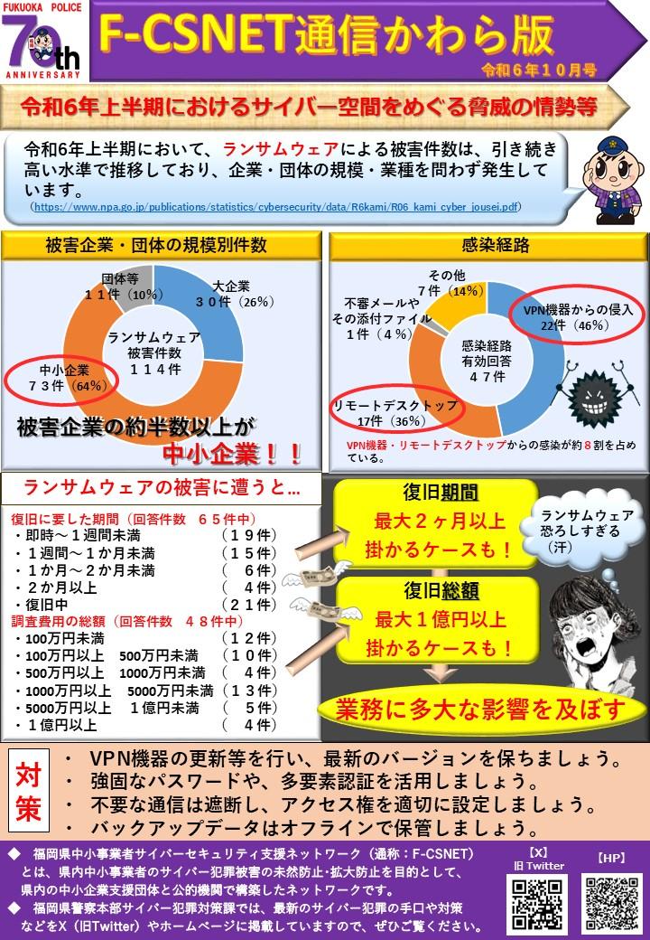 エフシスネット通信かわら版令和６年１０月号「令和６年上半期におけるサイバー空間をめぐる脅威情勢等」